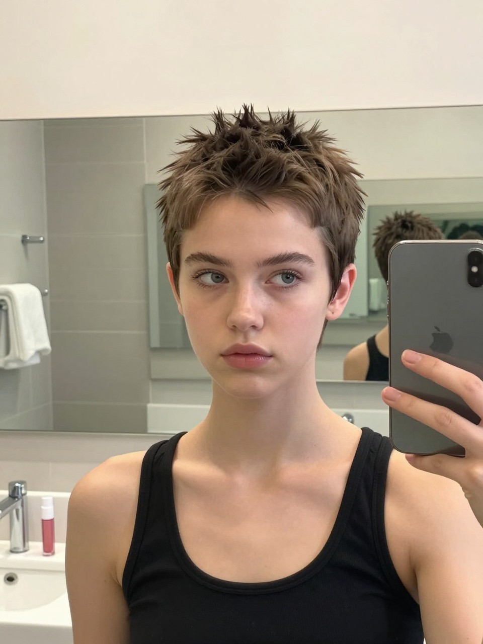 Photo of a white american teenage girl wearing a textured pixie with volume, front-facing view showing the height and definition, setting: a bathroom with modern decor and good lighting, lighting: bright, even indoor lighting, containing a tube of lip gloss on the counter, iPhone photo quality.