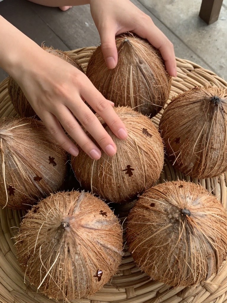 Top-down view of hands near a cluster of fresh coconuts on a woven mat. The short, rounded nails are a warm milk-chocolate brown. Tiny, darker brown coconut silhouettes are scattered across them. The setting is a shaded patio.