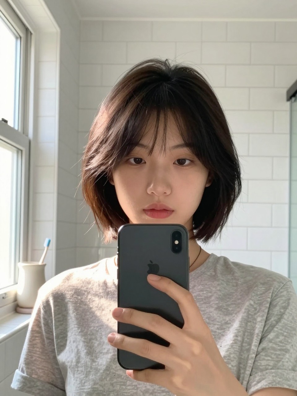 Photo of classic chin-length choppy bob, front-facing mirror selfie, in a bright bathroom with white subway tile, natural morning light streaming in from a side window, containing a ceramic toothbrush holder in the background, iPhone photo quality.