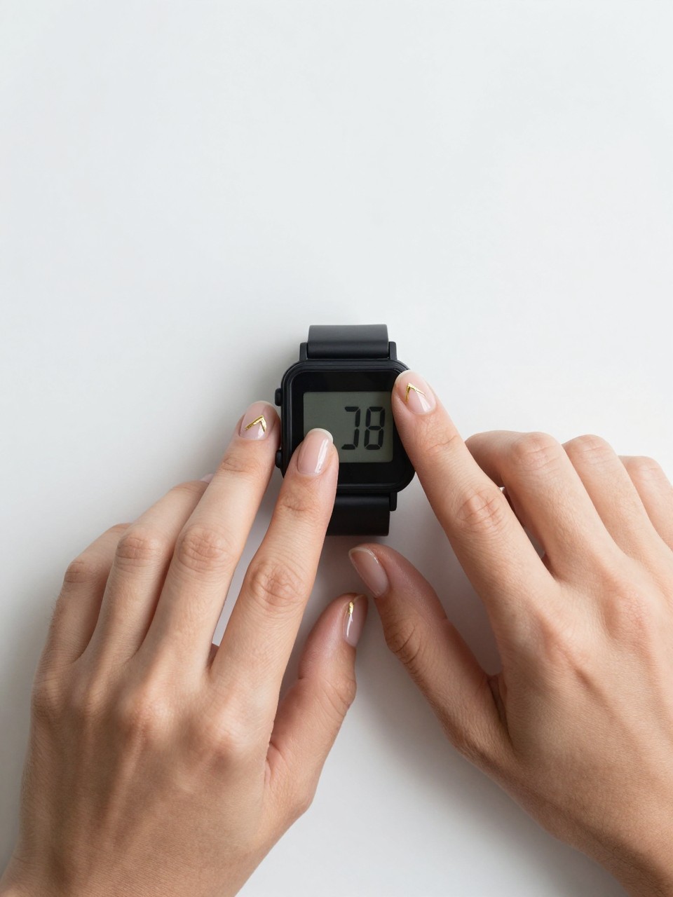Bird's-eye view of hands checking a digital watch. The natural, short nails are glossy. Two small, sharp gold foil chevrons point upward on each nail in a precise alignment. Clean, modern setting.