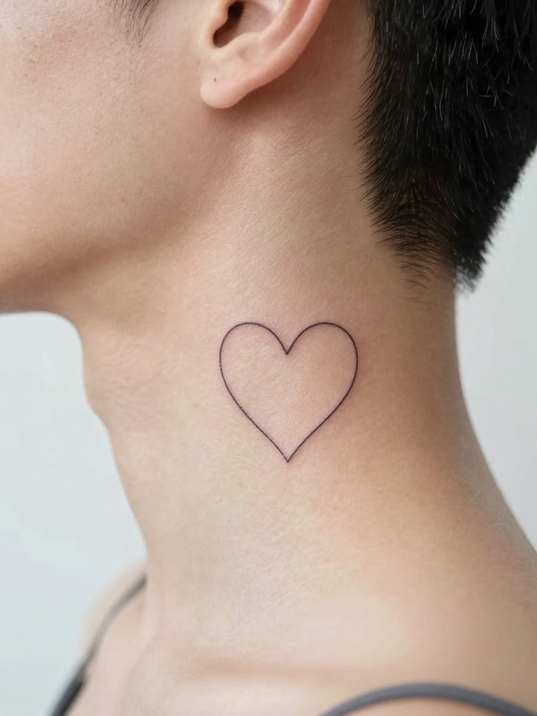 "Close-up of a single-line heart tattoo just below the hairline. The neck is turned slightly, showing the elegant curve of the continuous line against clean skin."