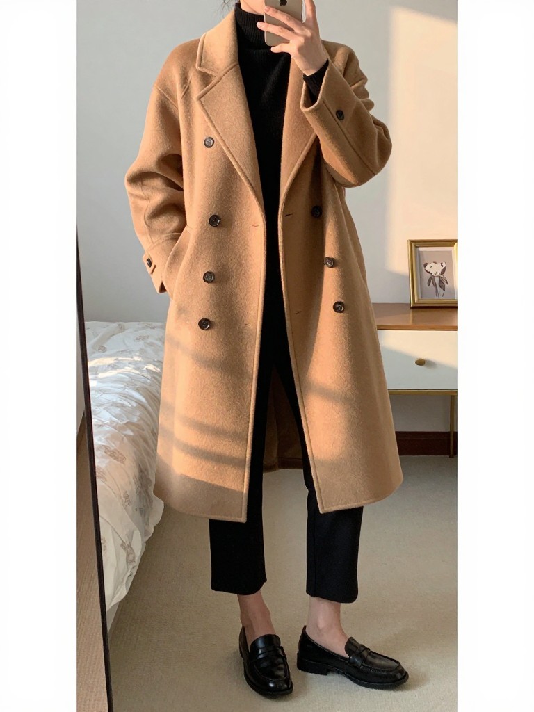 iPhone mirror selfie of a woman in a camel wool coat over a black rollneck with cropped black trousers and loafers, standing with weight on one foot, cropped at NECK so face doesn't show, in a feminine-themed bedroom, evening golden hour, iPhone photo quality.