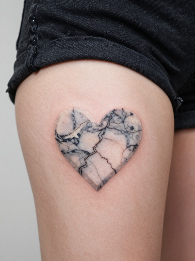 Macro shot of a marble heart tattoo on a woman's outer thigh, with a fine realistic crack running through it, smooth stone texture. She wears black denim shorts. Soft, artistic lighting.