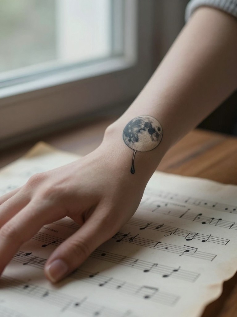 Close-up of a full moon tattoo on a woman's inner wrist with a single delicate tear falling from its bottom curve. The hand rests on aged sheet music. Soft, melancholic window light. Emotional and soft.