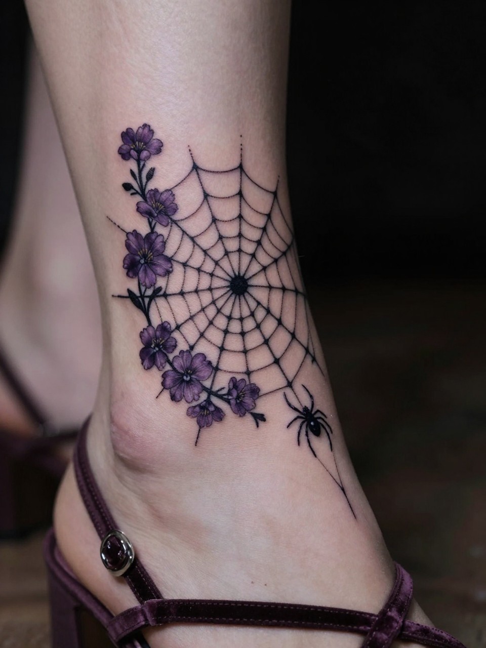 Close-up of a spiderweb and flowers tattoo on the outer ankle. The web is fine black lines, woven through with small dark purple flowers and a tiny black widow spider. She's wearing dark strappy heels. Dramatic, shadowy lighting, dangerous and delicate aesthetic.