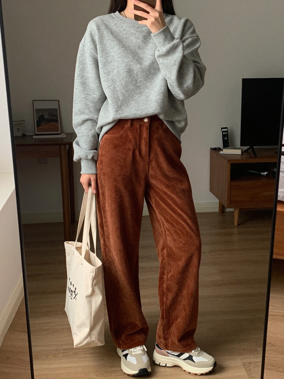 iPhone mirror selfie of a woman wearing the rust corduroys with a grey crewneck sweatshirt and chunky sneakers, holding a canvas tote, posed with her hand in her sweatshirt pocket, cropped at NECK so face doesn't show, in a city apartment, warm moody lighting, iPhone photo quality.