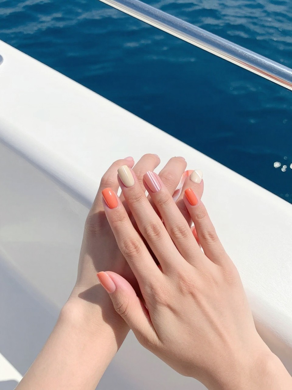 Top-down view of hands on a white yacht railing, blue water behind. The nails are a creamy cantaloupe orange with two thin white stripes down the center. The look is crisp and nautical.