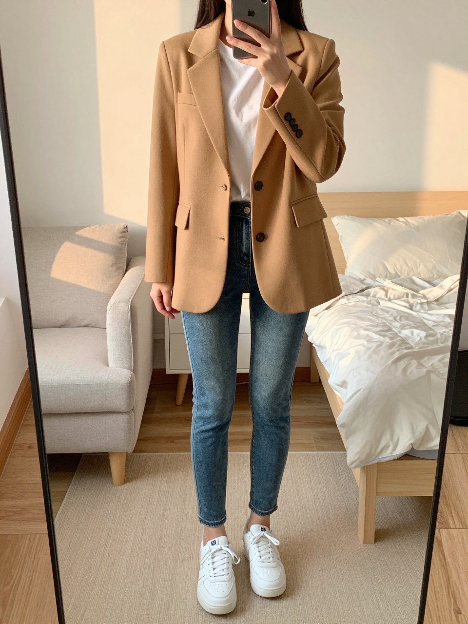iPhone mirror selfie of a woman in a camel blazer over a white tee and slim jeans with white sneakers, standing with phone at chest level, cropped at NECK so face doesn't show, in a feminine-themed bedroom, evening golden hour, iPhone photo quality.