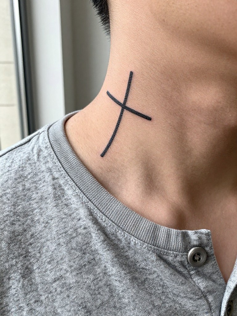 Macro close-up of a simple, black cross tattoo on the side of the neck. The clean, straight lines are the sharp focus against the skin. He is wearing a soft, heather grey henley. Natural window light, creating a calm and thoughtful mood.