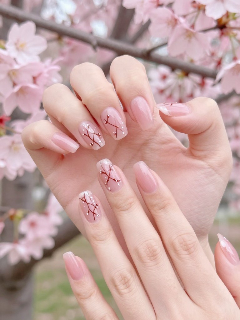 Top-down view of hands with light filtering through pink cherry blossom branches. The nails have a sheer pink gel base. A delicate brown branch with sparse pink blossoms and white dots trails across each nail. The mood is soft, romantic, and spring-like.
