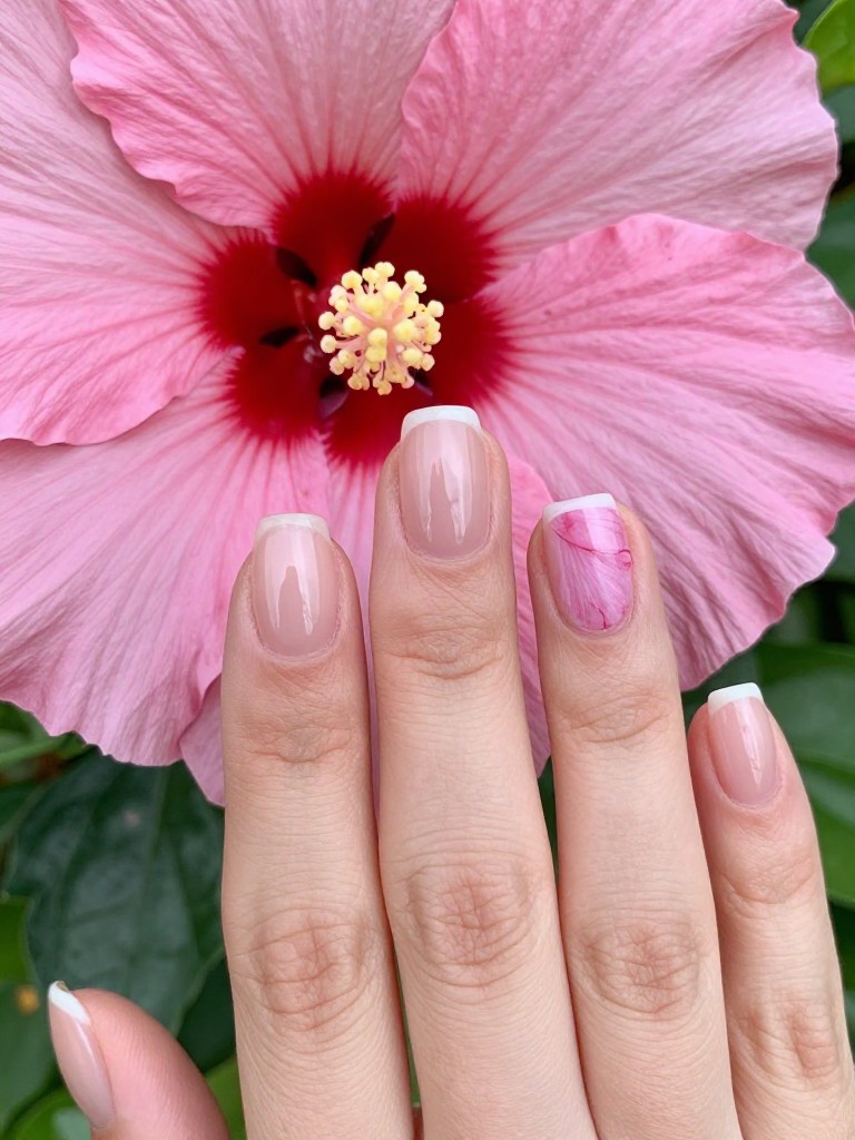 Macro, top-down view of a hand with a real hibiscus flower behind the ear. The short nails are ultra-glossy and clear, with a single, flat, preserved pink flower embedded under the gel on the ring finger. Sharp, natural focus.