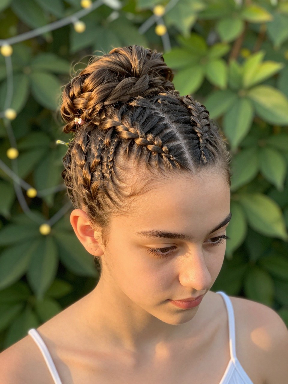 Photo of a american teen girl wearing a braided crown updo, angled front view to show the braids crossing the crown, setting: a garden with soft green background and fairy lights, lighting: warm golden hour light, containing a small flower tucked into one of the braids, iPhone photo quality.