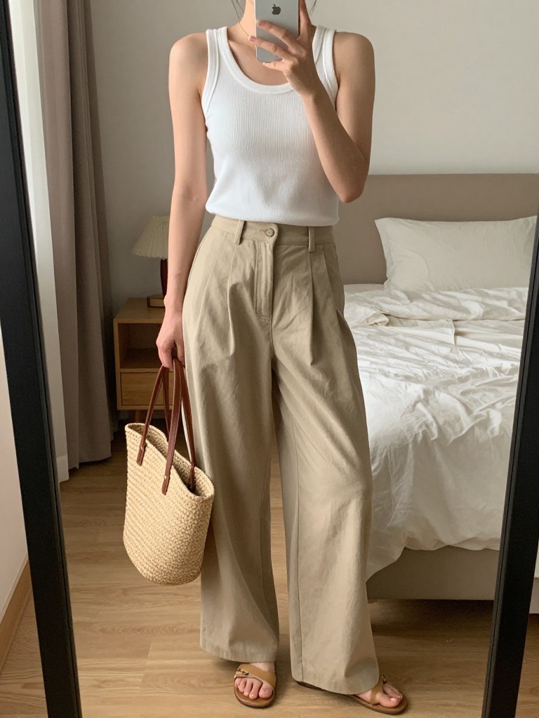 iPhone mirror selfie of a woman in a white ribbed tank tucked into beige wide leg pants with tan flat sandals, holding a straw tote, standing with phone at waist level, cropped at NECK so face doesn't show, in a sunlit feminine-themed bedroom, warm moody lighting, iPhone photo quality.
