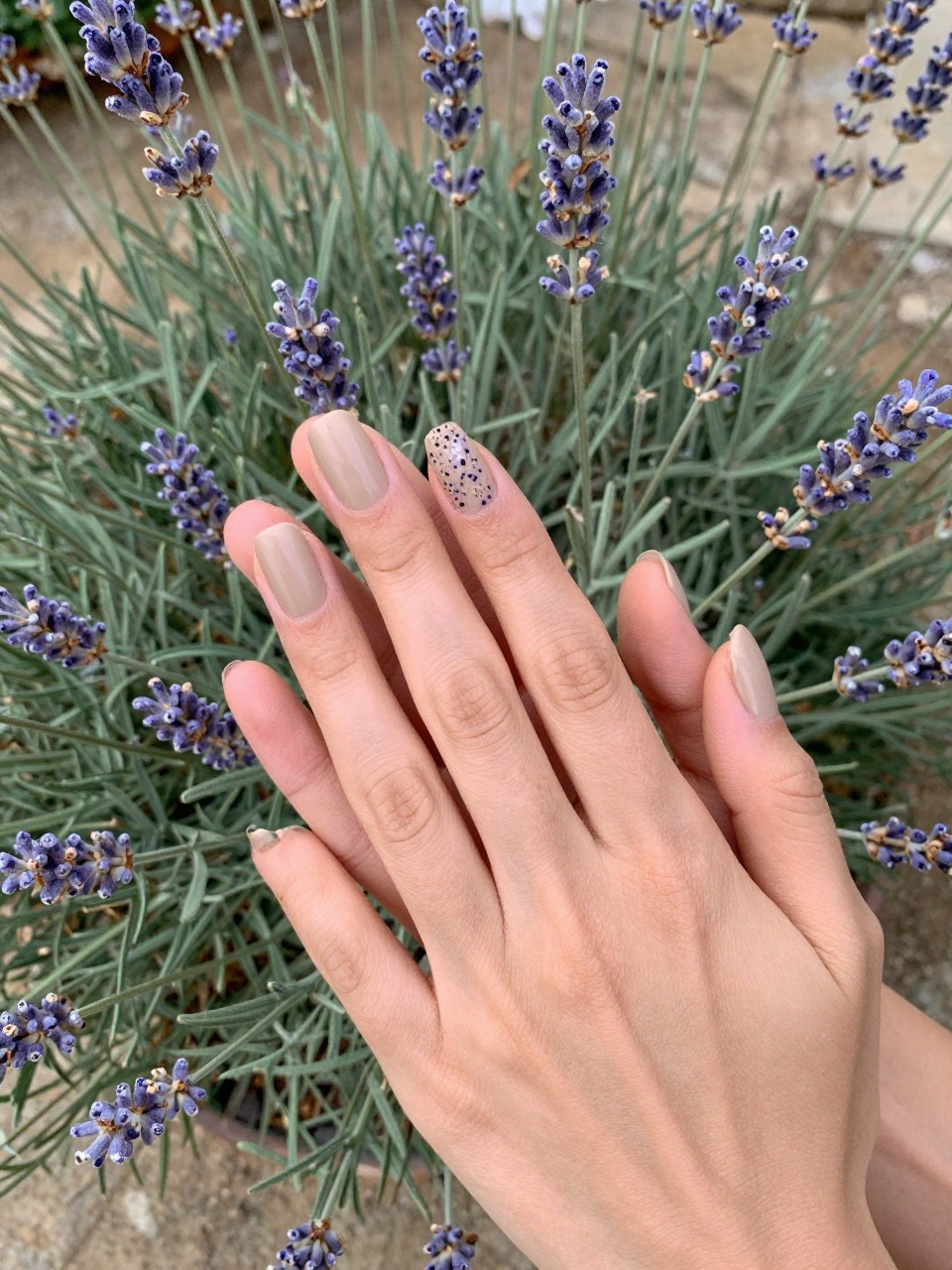 Bird's-eye view of hands in a garden of dried lavender. The nails are a matte sand beige. Faded brown-purple lavender sprigs with grey-green leaves are painted on each nail. The atmosphere is serene and rustic.