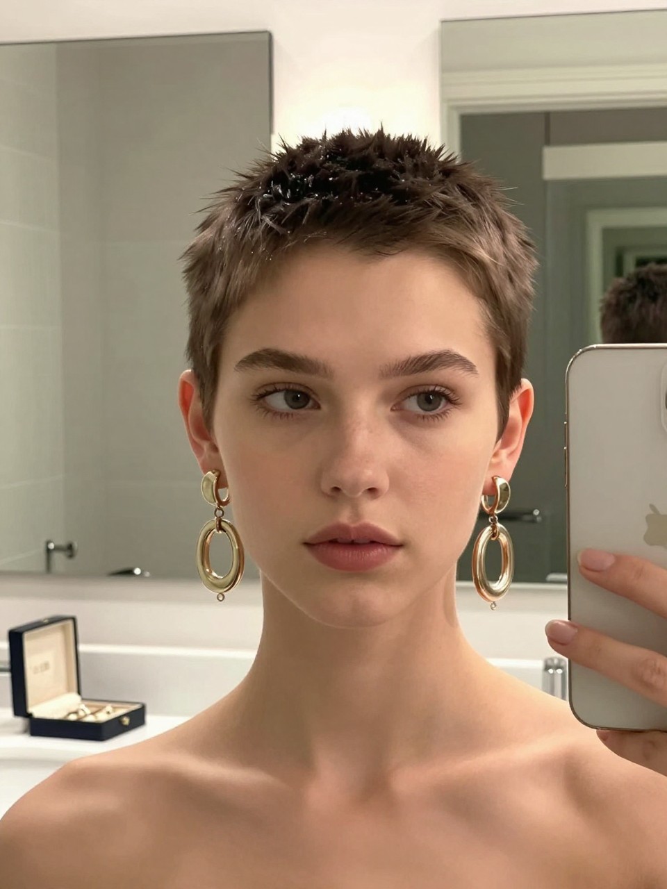 Photo of a teenage white girl wearing a sleek pixie with statement earrings, front-facing view showing the earrings prominently, setting: a bathroom with modern decor and good lighting, lighting: bright, even indoor lighting, containing a jewelry box open on the counter, iPhone photo quality.