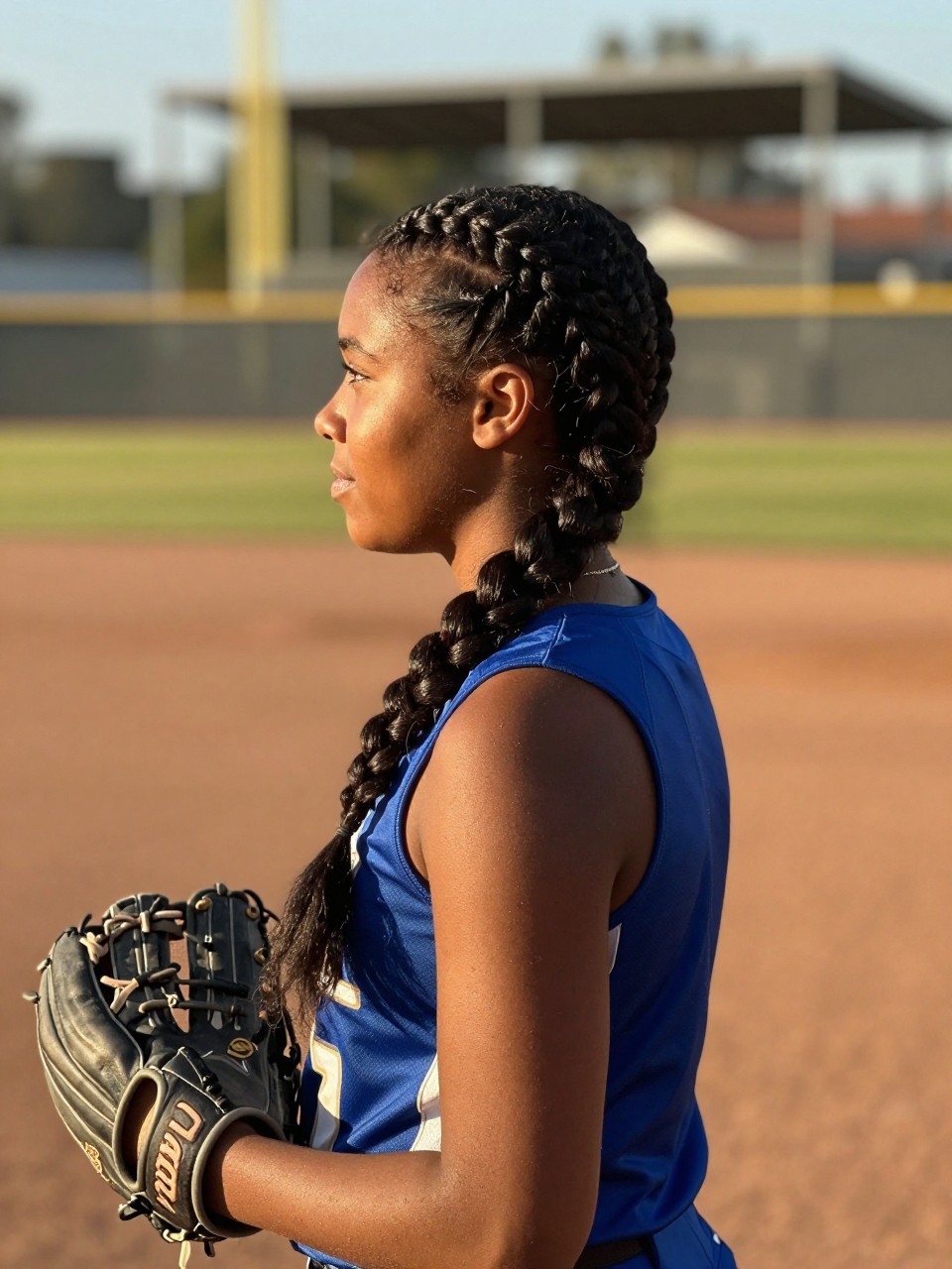 Photo of a black girl wearing a side braid on a softball field, side profile view showing the braid falling over her shoulder, in golden hour light with a fence in the background, containing a glove on her hand, iPhone photo quality.
