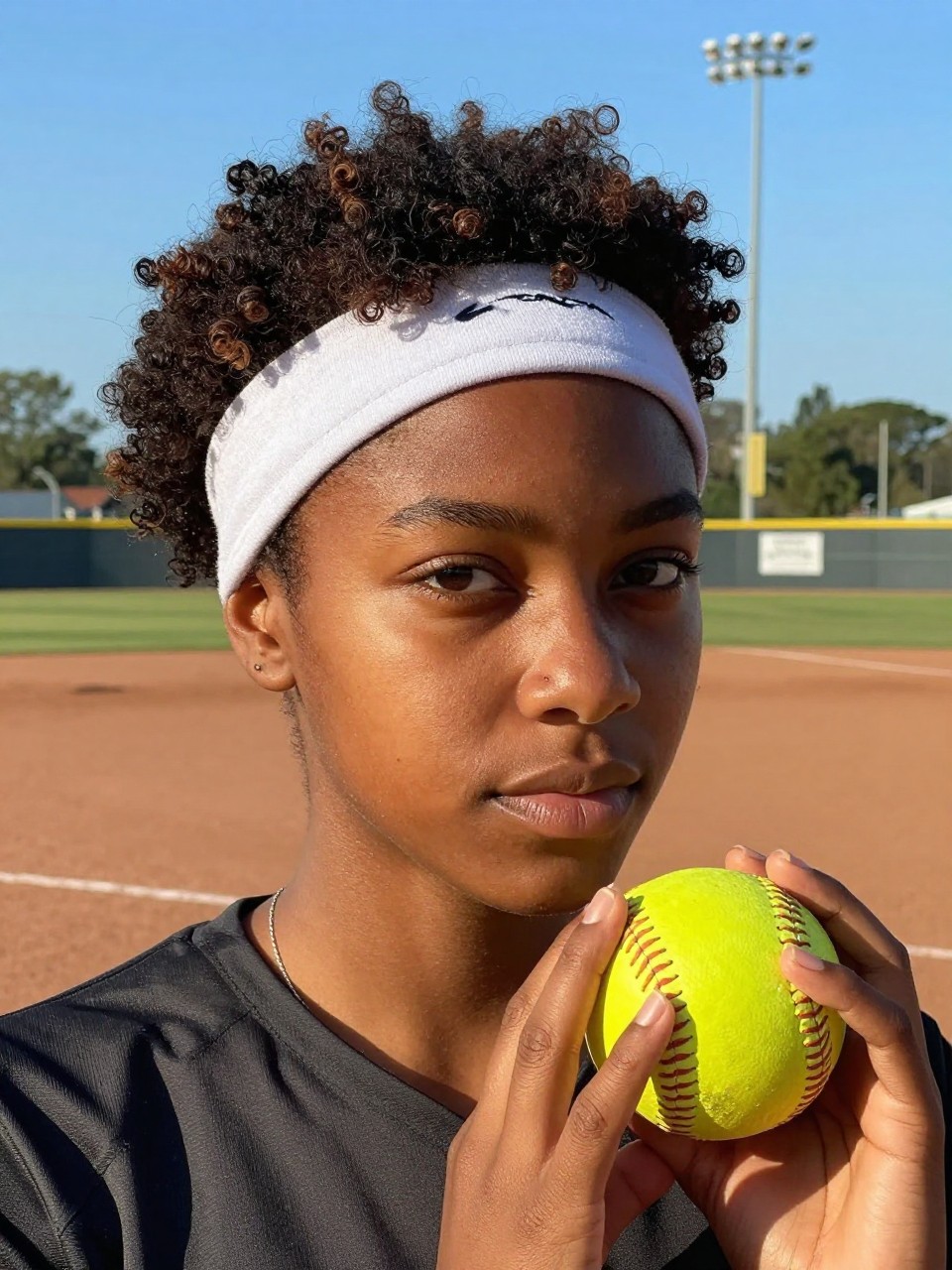 Photo of a black girl wearing short natural hair with a sweatband on a softball field, front view showing the curls and sweatband, in bright afternoon light with a diamond in the background, containing a softball in her hand, iPhone photo quality.