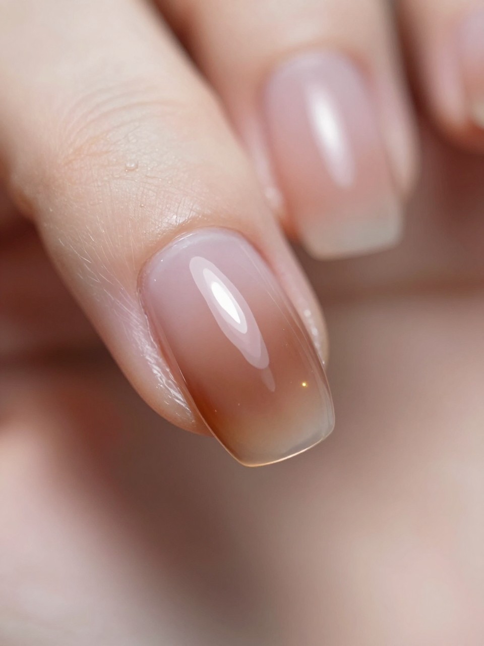  Macro shot of a hand showcasing depth. A translucent brown jelly gel base glows. A perfect nail set The lighting is soft and romantic.