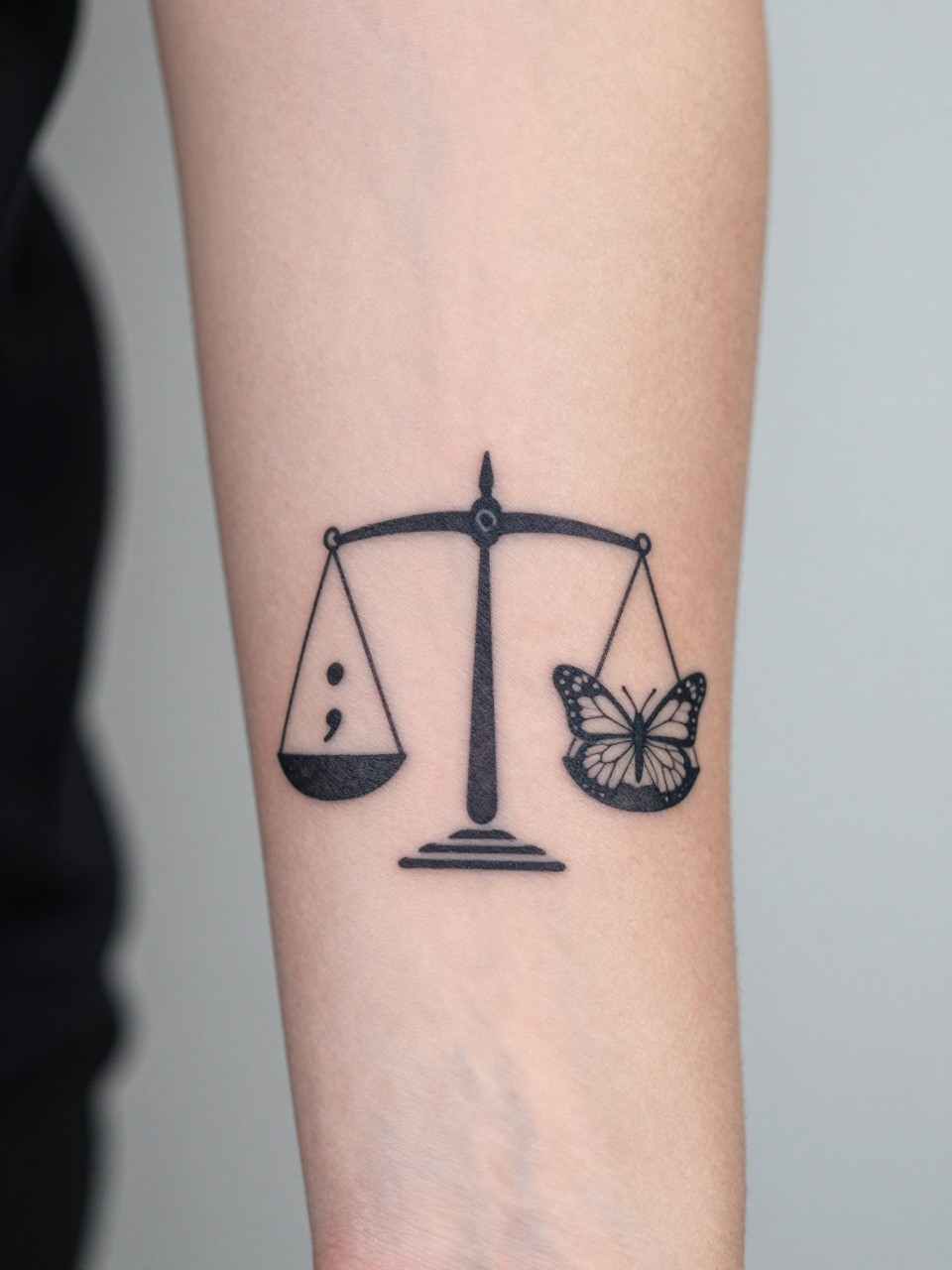 "Forearm close-up: a minimalist balance scale tattoo. One pendant is a semicolon, the other a butterfly. Symmetrical and conceptual."