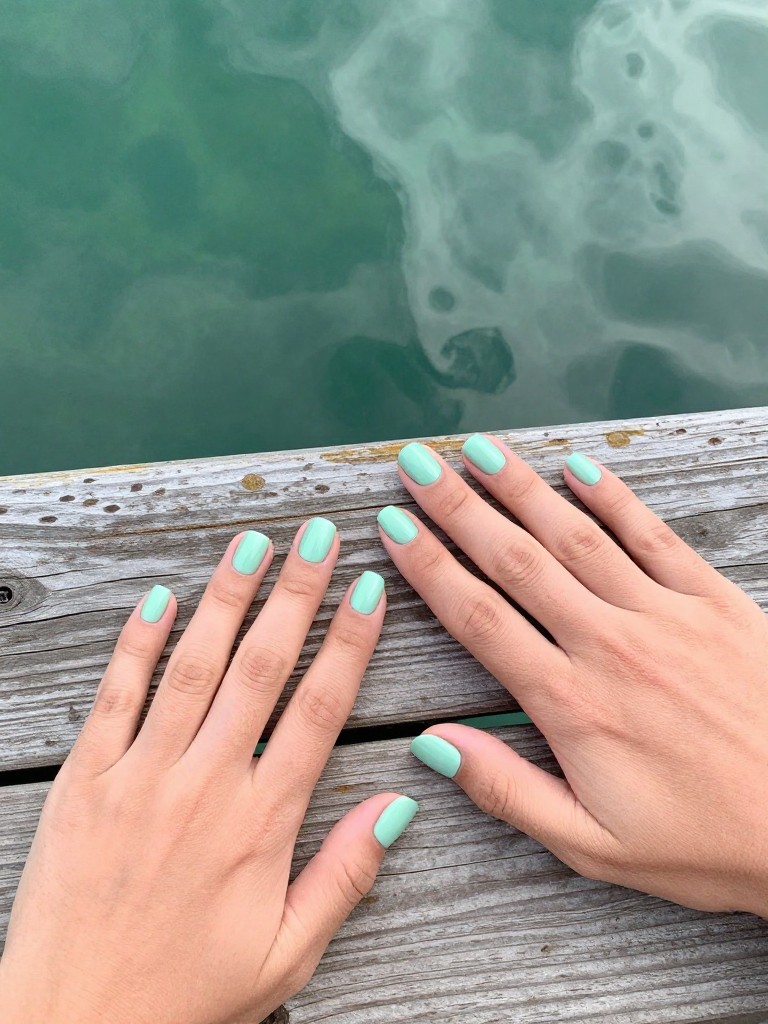 : Bird's-eye view of hands resting on the weathered wood of a dock, clear green water below. The squoval nails are a flat seafoam green with only the very edges glossy and shiny. The reflection off the water complements the look.