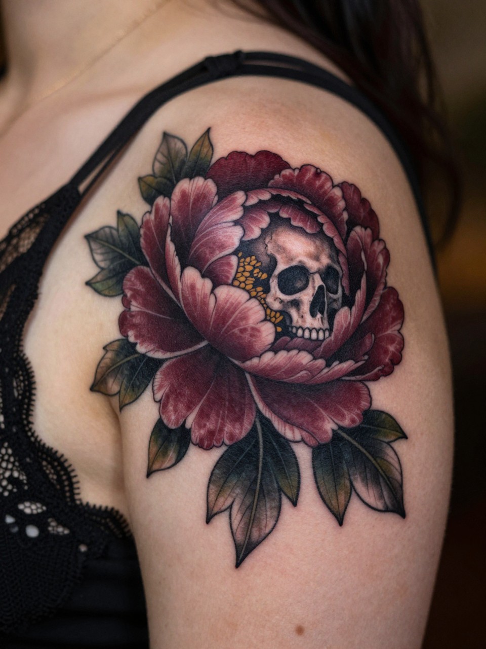 Macro shot of a dark peony tattoo on the shoulder, with a tiny skull revealed in the flower's center. The peony is deep burgundy and black, the skull is detailed in grey. She's wearing a black lace top. Warm, focused lighting that reveals the hidden detail, clever and dark aesthetic.