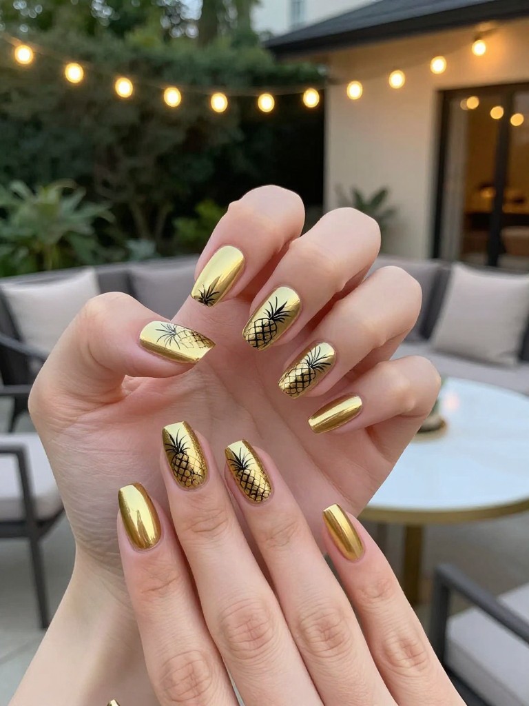 Overhead shot of a hand with nail set design with prineapple print and a gold base on a patio table. The coffin-shaped nails are a shiny gold metallic. Each nail features a minimalist, black-line drawing of a pineapple. The setting is a chic outdoor lounge at dusk with string lights.