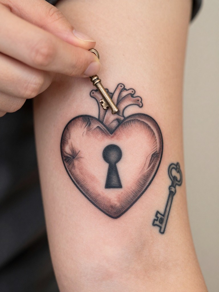 Extreme close-up of a heart tattoo with a keyhole in its center on a woman's forearm, a small antique key tattoo next to it. The hand holds a real skeleton key. Warm, soft focus background.