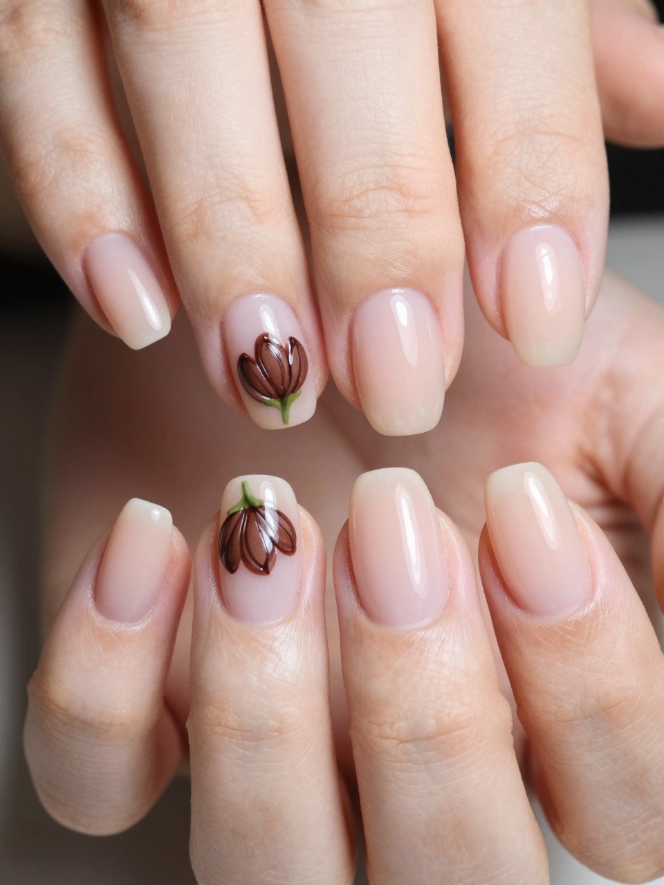  Extreme close-up, overhead view of hands with perfectly manicured nails. The nails are a glossy, sheer nude. Only the ring finger bears a single, chocolate brown flower bud nail art with a tiny green sepal. The elegance is in the extreme subtlety.