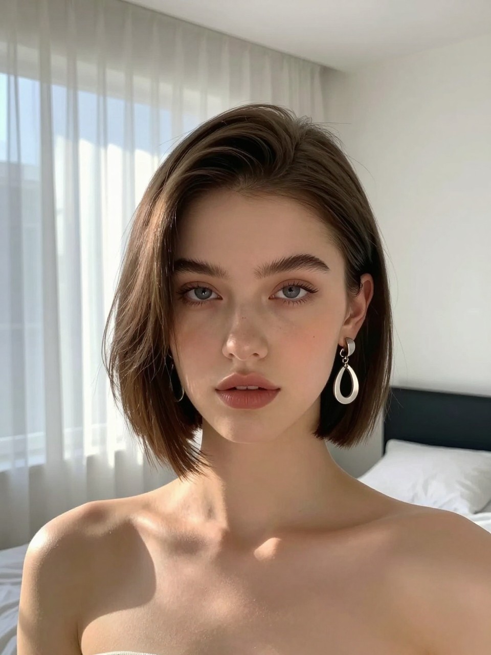 Photo of a white teenage girl wearing a sleek bob with a deep side part, front-facing view showing the dramatic part, setting: a sun-drenched bedroom with white curtains, lighting: bright natural window light, containing a pair of statement earrings visible, iPhone photo quality.