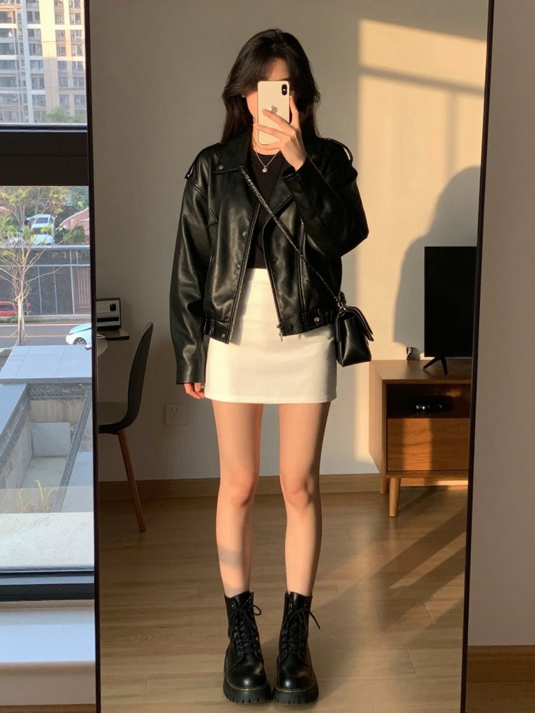iPhone mirror selfie of a woman in a black leather jacket over a tee and white mini skirt with combat boots, standing with feet apart, in a city apartment, evening golden hour, iPhone photo quality.