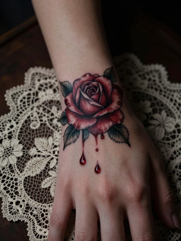Close-up of a rose tattoo on a woman's inner wrist with dark drops falling from the petals, like it's bleeding. The hand rests on aged lace. Moody, artistic lighting with deep shadows.