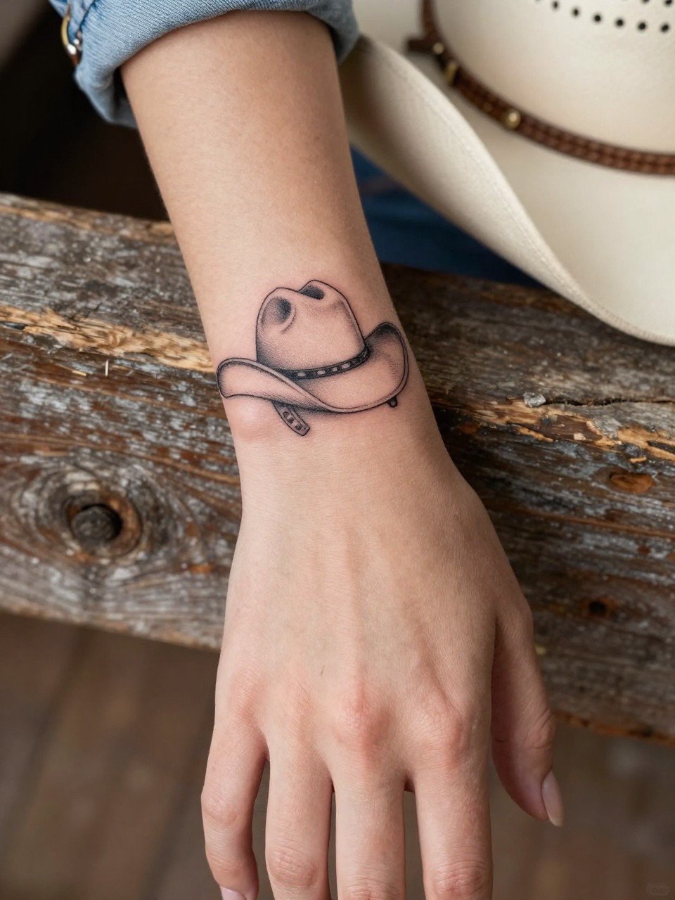 Image Prompt: "Extreme close-up of cowboy hat and horseshoe tattoo on a woman's inner wrist. Stacked design in fine black lines. Hand resting on rustic barn wood. Soft, natural light with warm tones."