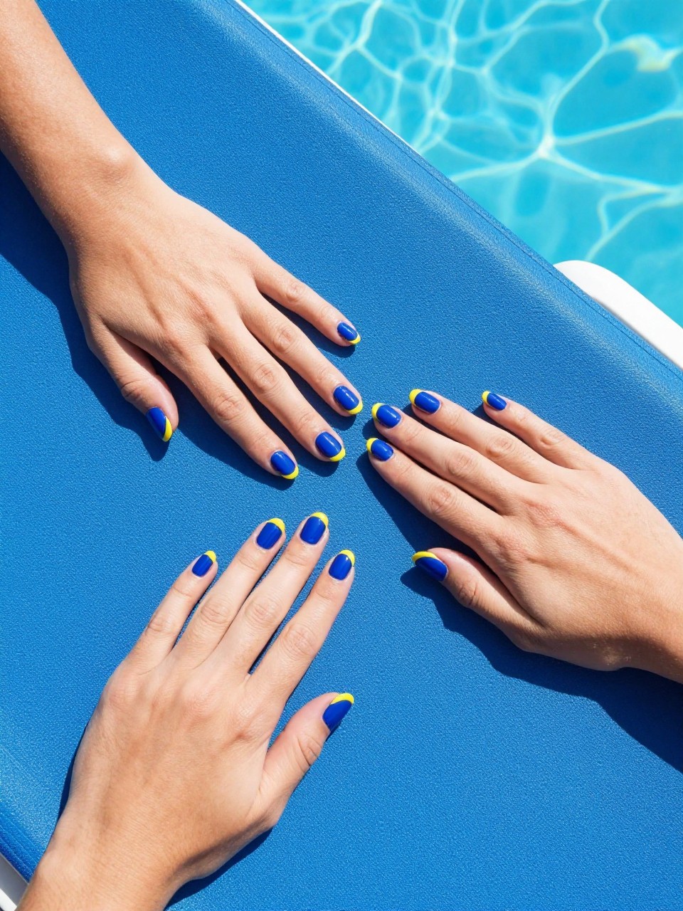 Overhead view of hands on a bright blue beach lounger by a turquoise pool. The nails are a medium coffin shape in glossy cobalt blue with a crisp, sunny yellow tip. The contrast is vibrant under the summer sun.