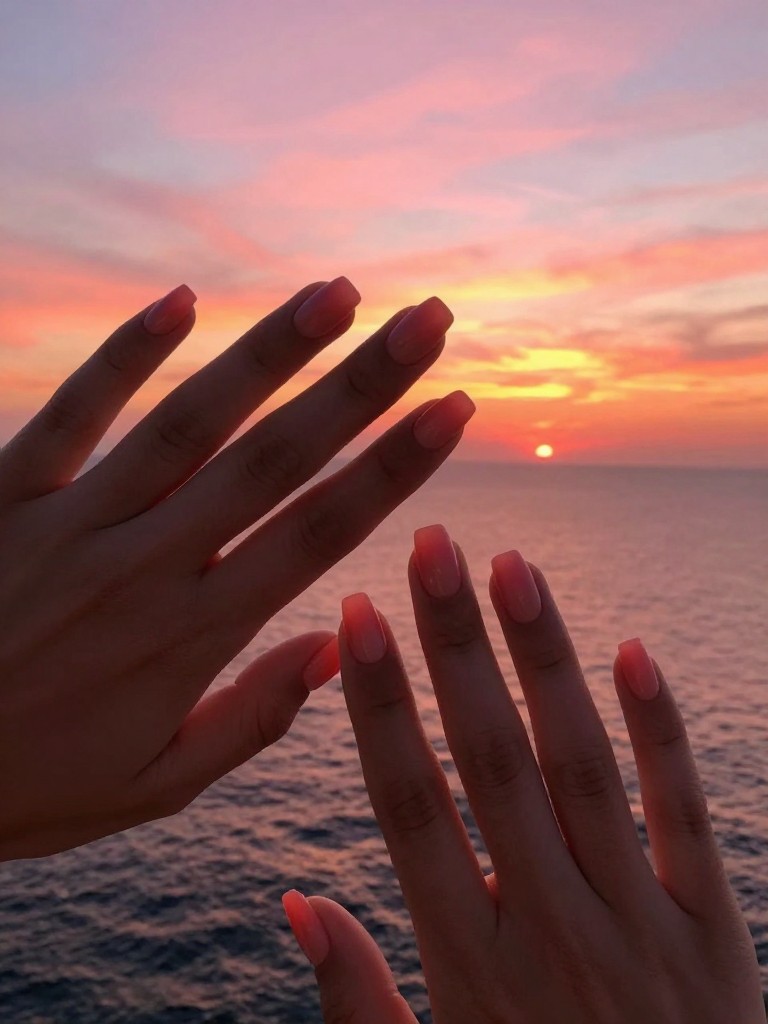 Overhead shot of hands silhouetted against a pink and bright orange sunset over the ocean. The nails mirror the sky with a smooth gradient from pink to coral. The fading light glows.