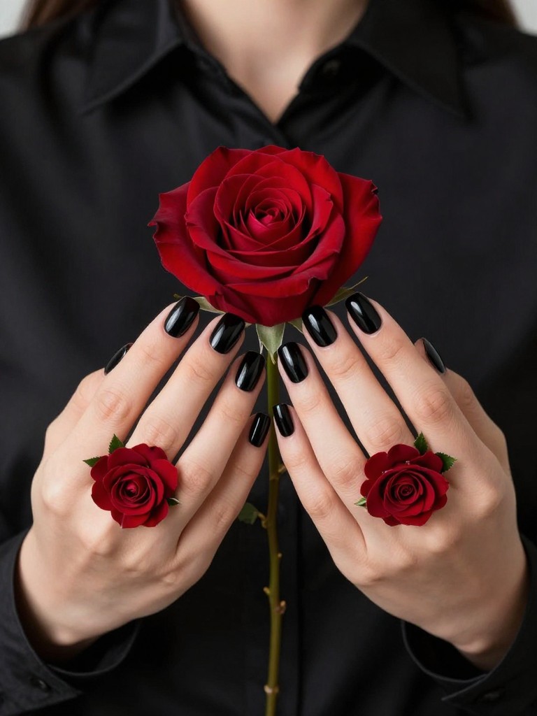 Bird's-eye view of hands holding a single, deep red rose against a black silk blouse. The gel nails are glossy black. The ring finger on each hand features a stunning, detailed red rose with layered petals and green leaves. Studio lighting creates depth and shine on the gel.