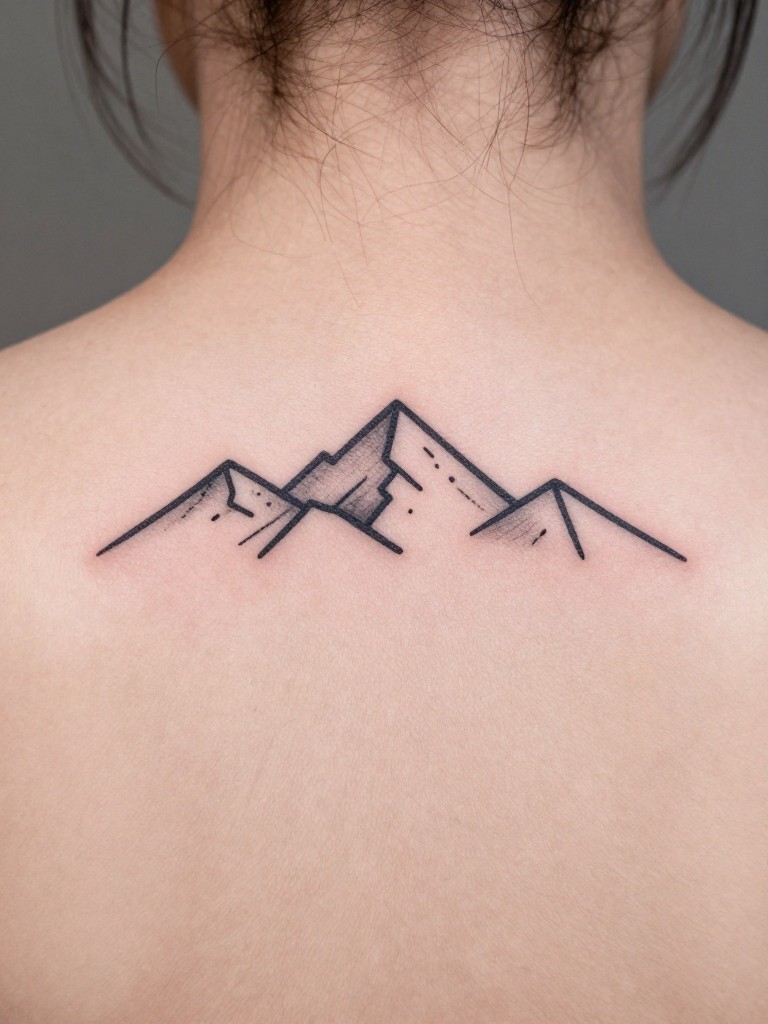 "Direct back-of-neck close-up of a tiny, geometric mountain range tattoo. The design is centered, using crisp black lines. The skin is flawless, with the focus solely on the sharp, simple shapes."
