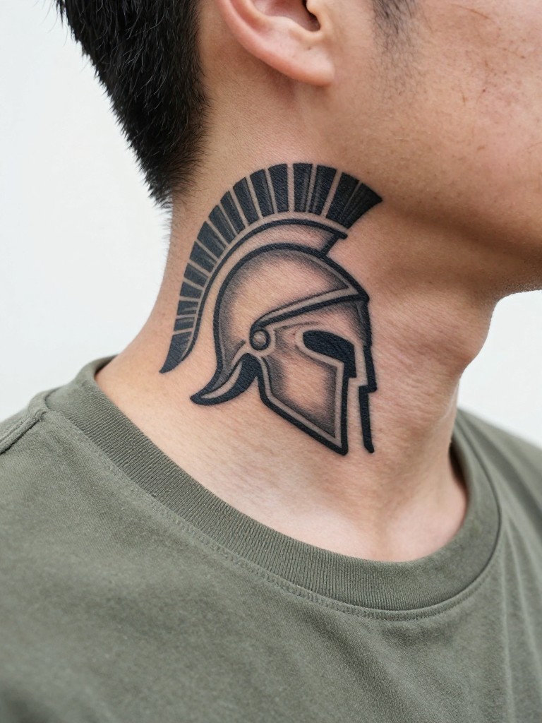 Close-up of a minimalist Spartan helmet tattoo on the side of the neck. The strong lines of the helmet are the hero. He is wearing a simple, olive green t-shirt. Bright, natural daylight, clean and strong vibe.