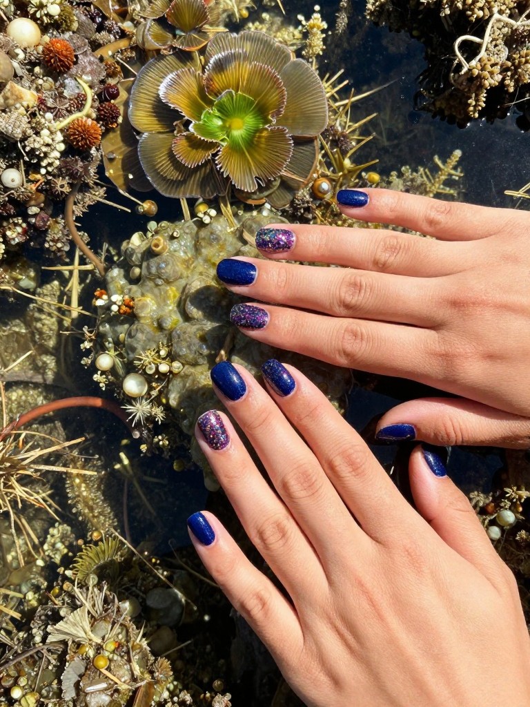 top-down view of hands over a tidepool teeming with colorful life. The oval nails appear dark blue but are covered in a layer of chunky, multi-colored glitter that sparkles intensely under the direct tropical sun.