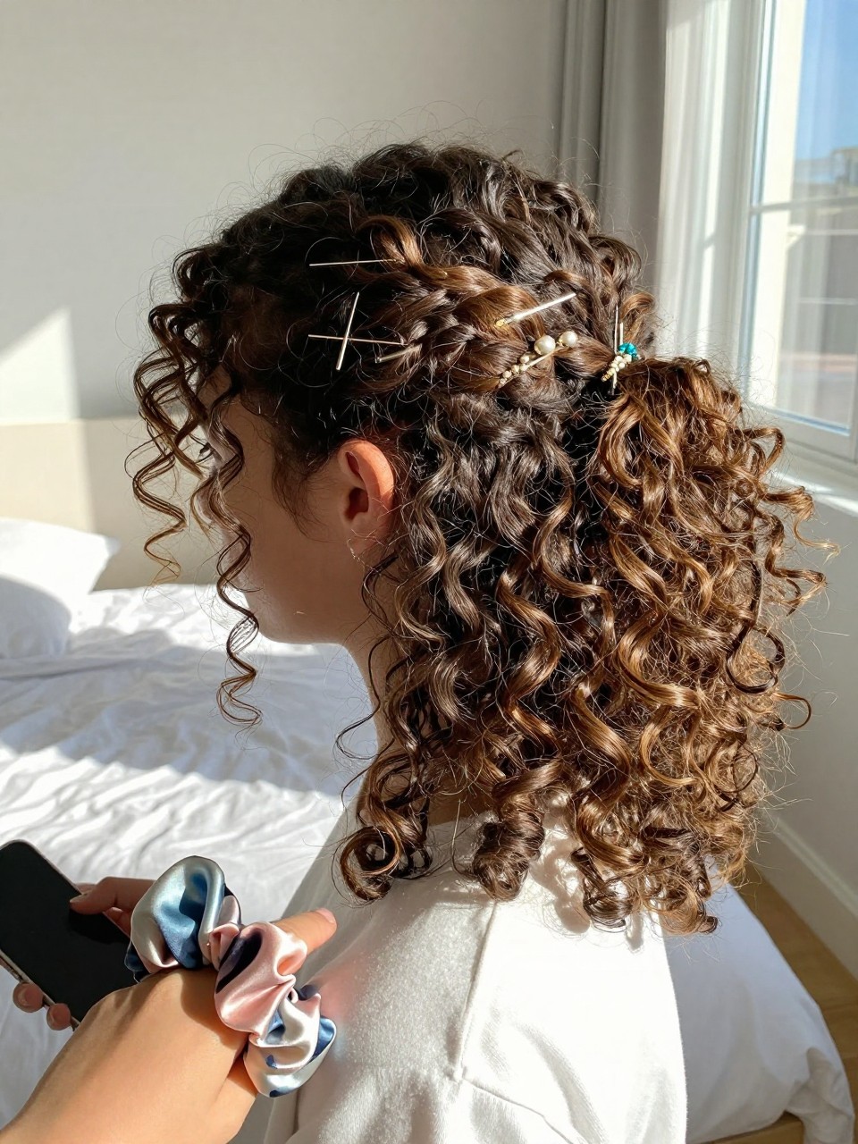 Photo of an american girl wearing a half-up half-down curly hairstyle, back-of-head view to show the placement of decorative pins, in a sun-drenched bedroom with natural window light, containing a silk scrunchie resting on her wrist, iPhone photo quality.