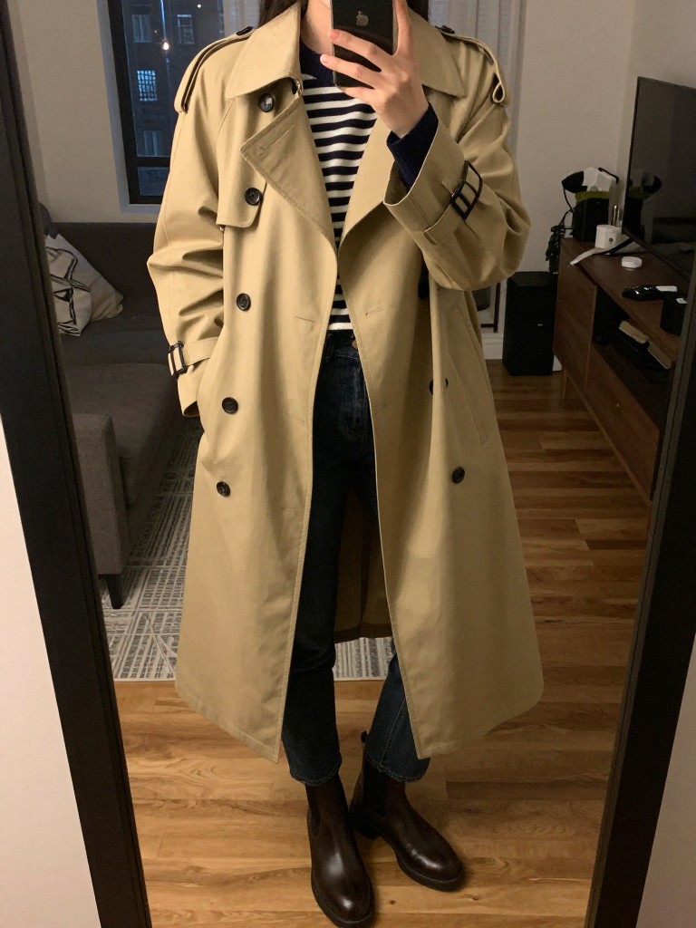 iPhone mirror selfie of a woman wearing a beige trench coat over a striped navy jumper with dark jeans and Chelsea boots, holding the collar with one hand, cropped at NECK so face doesn't show, in a city apartment, warm moody lighting, iPhone photo quality.