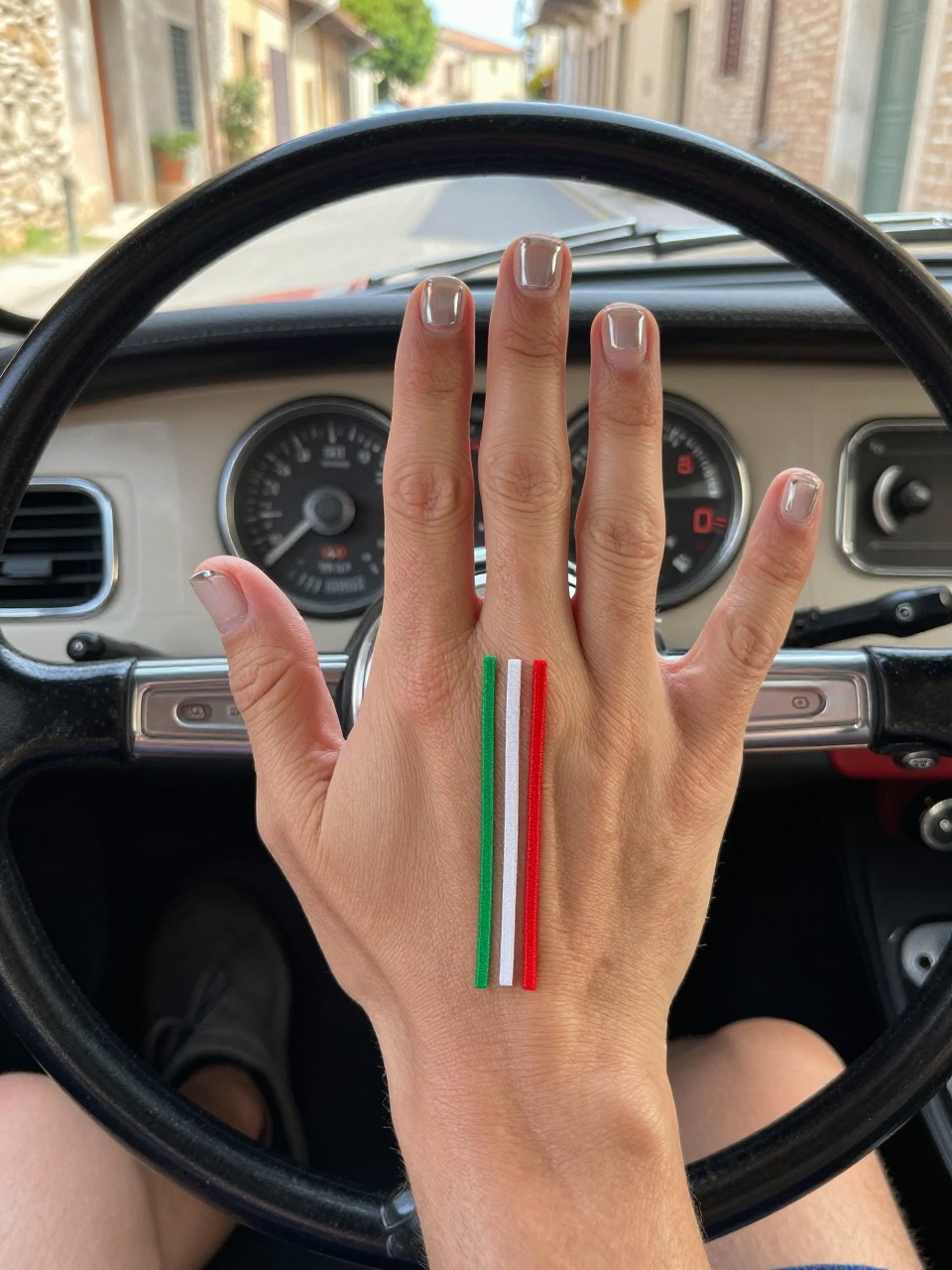 Top-down view of hands resting on the steering wheel of a vintage Fiat. The short, square nails are clear and glossy. Three thin, perfect lines of green, white, and red run vertically down the center of each nail. The setting is a sun-drenched Italian lane.