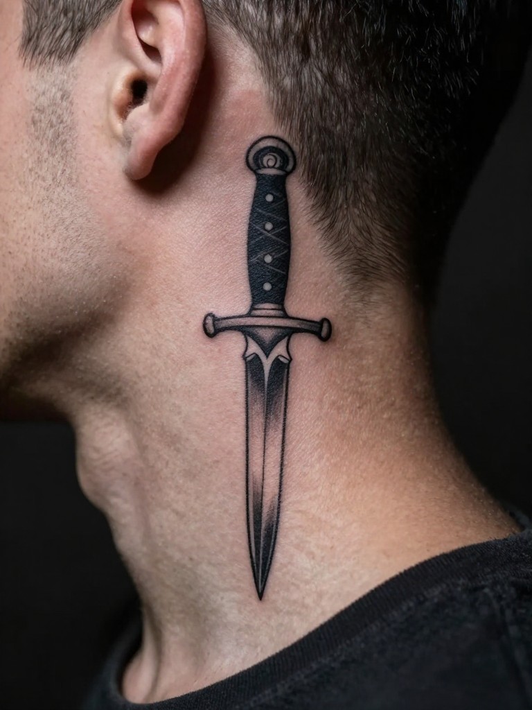 Extreme close-up of a fine-line dagger tattoo on the side of a man's neck. The sharp, clean lines of the blade are the focus against the skin. He has a short, neat haircut. The lighting is dramatic and moody, with a single key light highlighting the tattoo's detail. Masculine, edgy vibe.