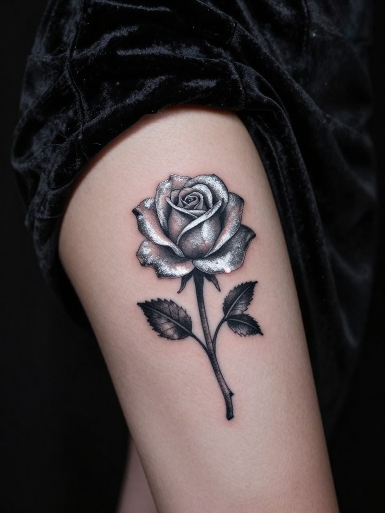 Macro shot of a moonlit rose tattoo on a woman's outer thigh, with silver highlights and a faint glow effect against a dark background. She wears a black velvet skirt. Soft, mystical lighting.