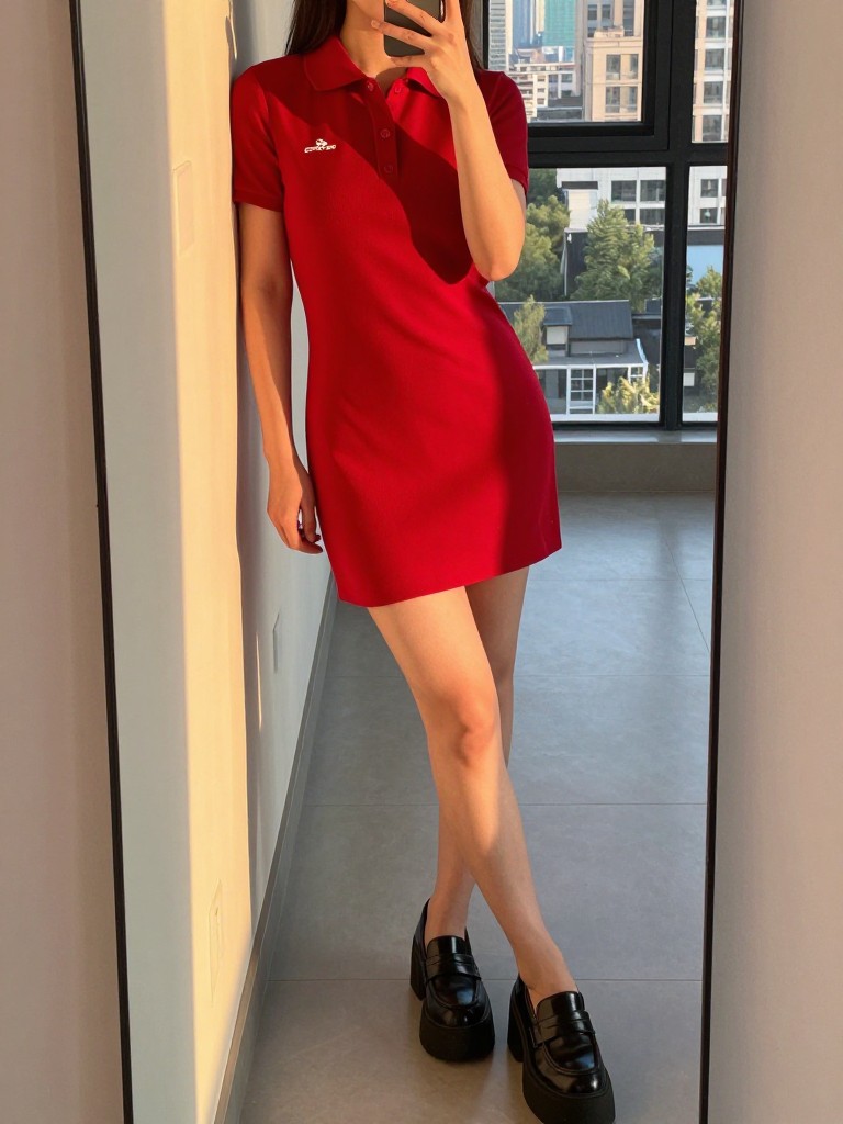 iPhone mirror selfie of a woman in a red polo dress and platform loafers, leaning against a doorframe, cropped at the neck so face doesn't show, in a city apartment, evening golden hour lighting, iPhone photo quality.