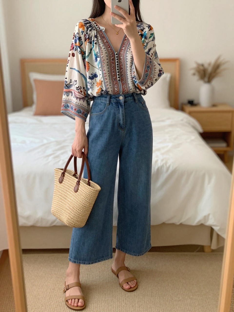 iPhone mirror selfie of a woman in a printed boho blouse tucked into medium blue wide leg pants with tan sandals, holding a woven bag, slight lean, cropped at NECK so face doesn't show, in a bright feminine-themed bedroom, warm moody lighting, iPhone photo quality.