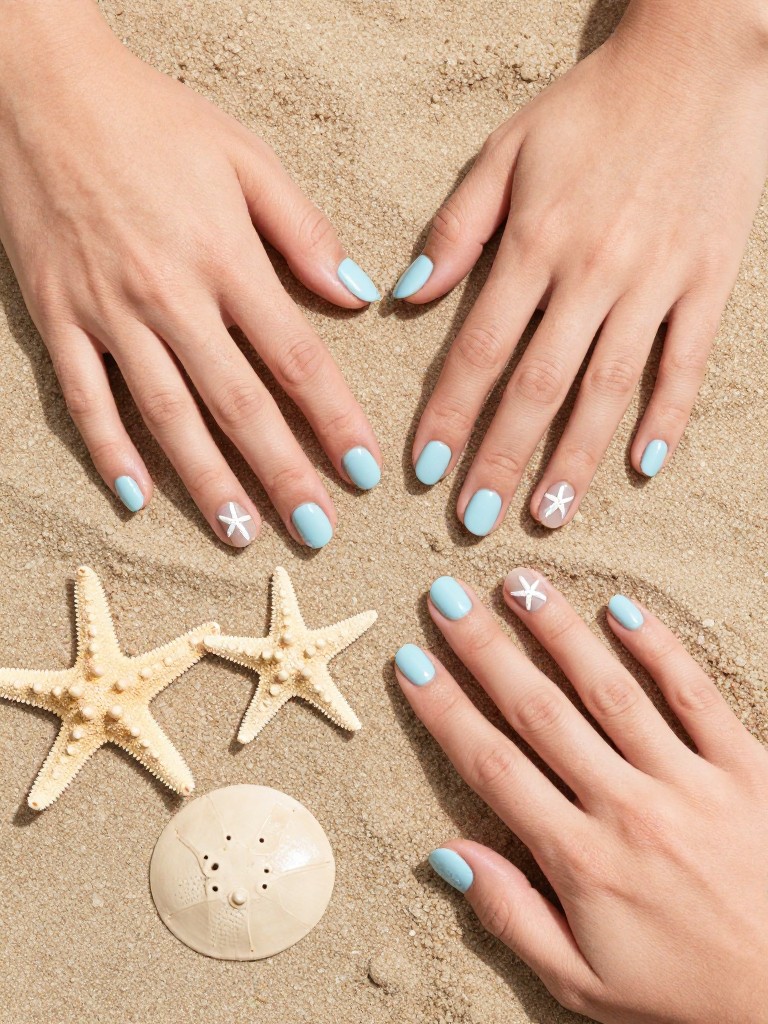Top-down view of hands playing in the sand with real starfish and sand dollars nearby. The rounded nails are a pale seafoam blue. Alternate nails feature simple white painted starfish and sand dollar designs. The light is bright and beachy.