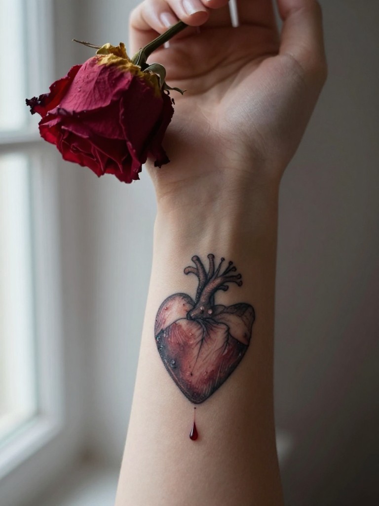Extreme close-up of a heart tattoo on a woman's inner wrist with a single dark drop falling from its bottom point. The hand holds a dried red rose. Soft, melancholic window light. Emotional and delicate.