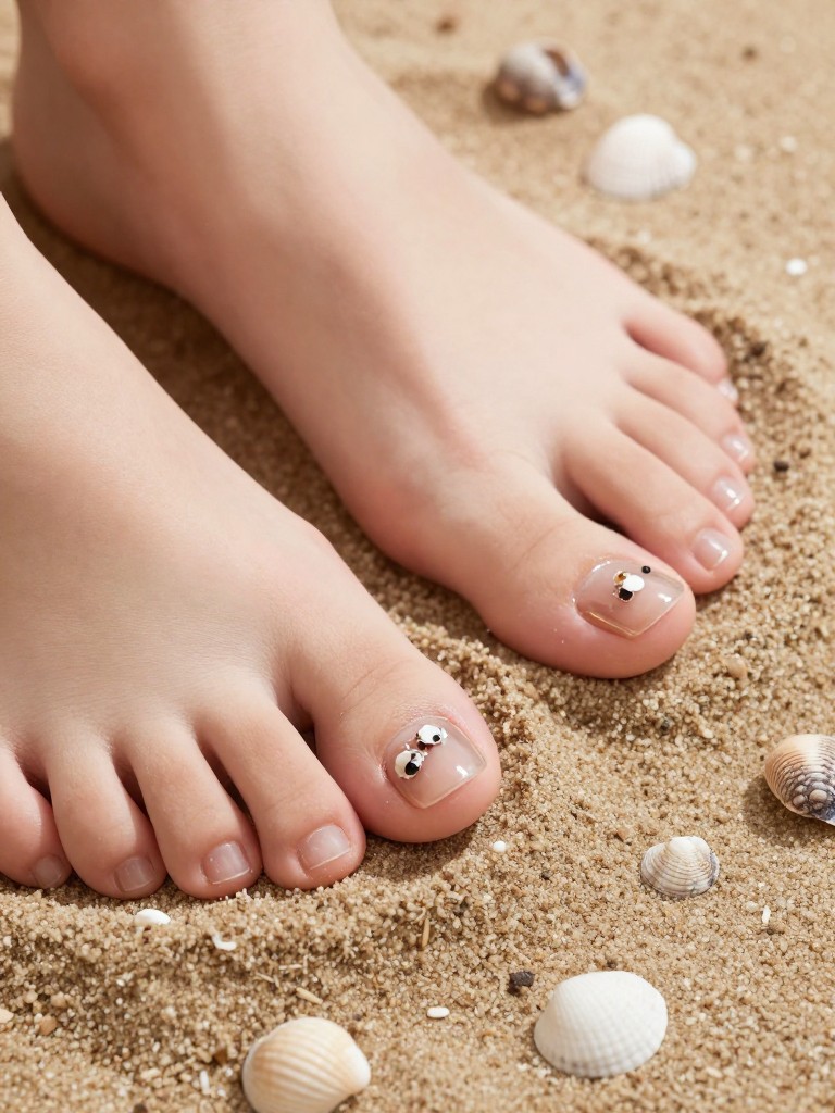 Macro shot of feet half-buried in fine sand, tiny shells scattered around. The toenails are glassy clear with embedded micro shells on the big toes. The focus is on the delicate, real details.
