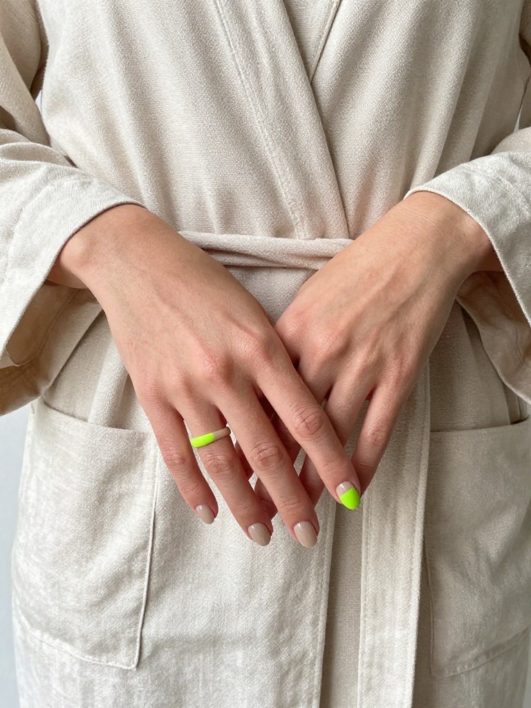  Top-down view of hands with natural, short nails resting on a minimalist, beige linen robe. The nails have a sheer beige gloss. One ring finger per hand is painted with a diagonal stripe of matte neon lime green. The contrast is sharp against the neutral background in bright light.