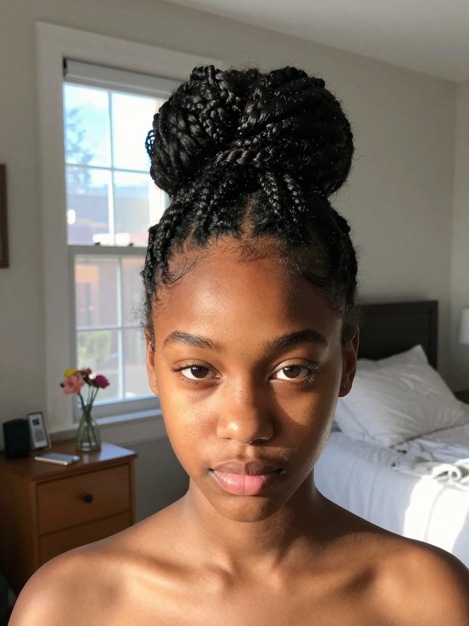 Photo of a black girl wearing a twisted crown updo, front view showing the twists framing her face, in a sun-drenched bedroom with natural window light, containing small decorative flowers on the nightstand, iPhone photo quality.